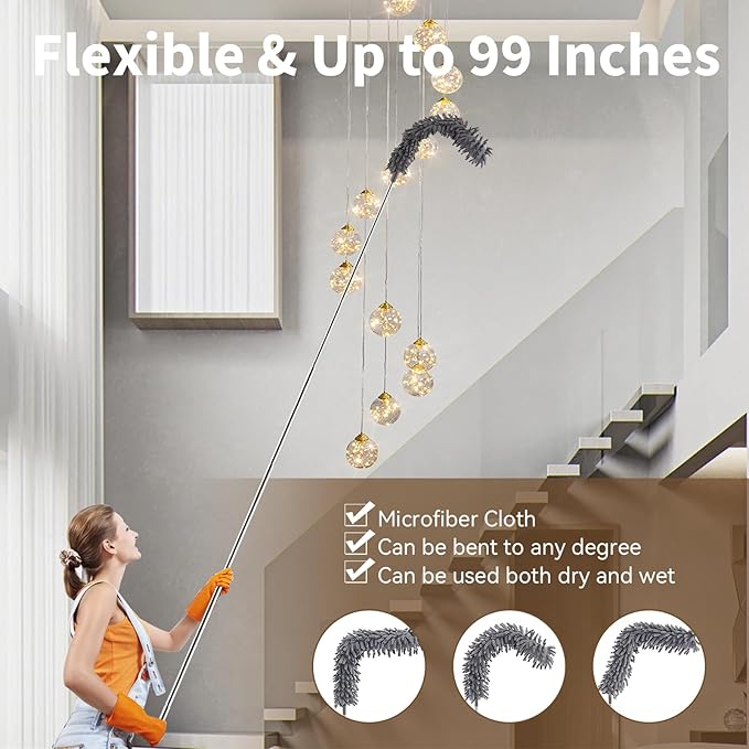 HAMEINY Feather Duster for Cleaning Microfiber Furniture Dusters with Extension Pole 100 Inch High Ceiling Fan Cleaning 5-in-1 Extendable Long Cobweb Duster Car Wall Spider Web Dust Brush