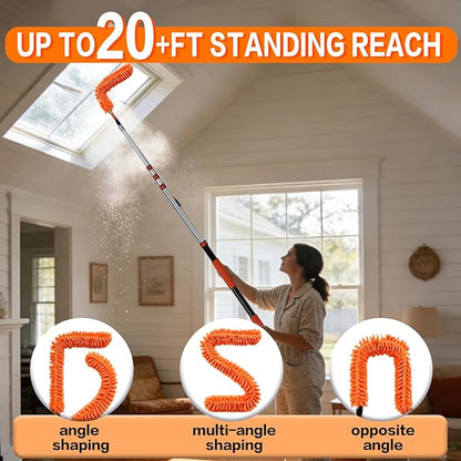 20FT High Reach Duster Cleaning Kit with 3-12 FTExtension Pole, High Ceiling Fan Cleaner Duster Tool for Fan Blades, Extendable Reusable Cobweb, Feather, Window Cleaning Squeegee Kit (12FT)