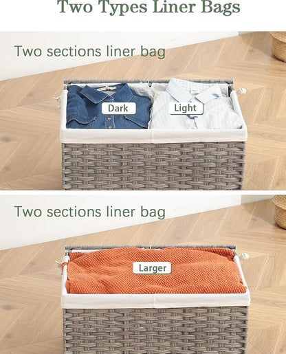 Storage Basket with Lid Wicker Baskets for Storage with 2 Separate Lid 42.3 Gallon (160 L) 29.9 x 17.3 x 18.1 Inches Rattan Woven Large Wicker Basket with 2 Liners for Bedroom Laundry Gray