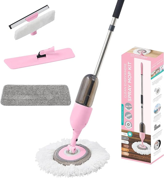 Multi-Surface Spray Mop Kit 3-in-1 with Flat, Round, Squeegee Mop Heads, Refillable Water Bottle, Machine Washable Pads for Floors, Windows