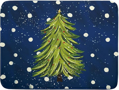 Christmas Tree Dish Drying Mat 18 x 24 Inch With Absorbent Reversible Microfiber Navy Blue Green Xmas Snowflake Drying Mats Winter Holiday Dish Drainer Mat Fast Dry For Kitchen Dining Room Decoration