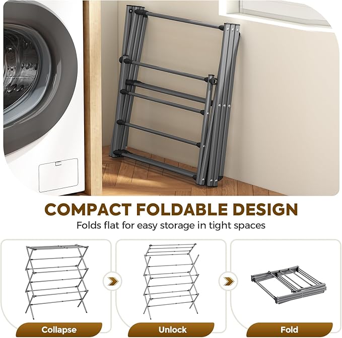 KINGBOARD Clothes Drying Rack, Collapsible Drying Rack Clothing with 11 Poles, 3-Tier Laundry Drying Rack, Small Clothes Drying Rack Foldable for Baby Clothes Sock Towel, 25lb Capacity, White & Grey