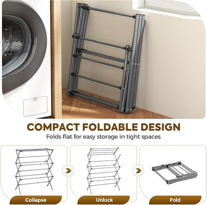 KINGBOARD Clothes Drying Rack, Collapsible Drying Rack Clothing with 11 Poles, 3-Tier Laundry Drying Rack, Small Clothes Drying Rack Foldable for Baby Clothes Sock Towel, 25lb Capacity, White & Grey