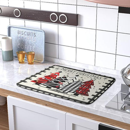 Christmas Trees Kitchen Dish Drying Mat 18x24 Inch Merry Christmas Black White Buffalo Plaid Dish Drainer Mat Absorbent Reversible Microfibe Drying Dish Pad for Winter Kitchen Counter Decor