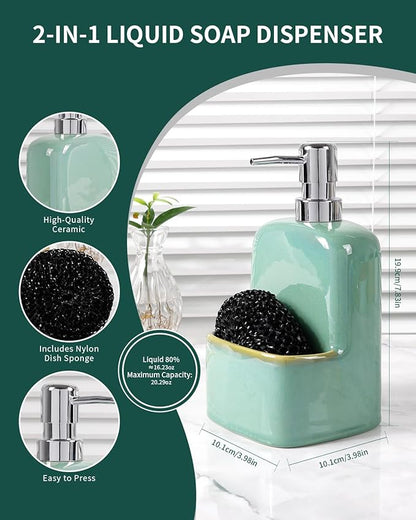 BosilunLife Dish Soap Dispenser - Sage Green Ceramic Kitchen Soap Dispenser with Sponge Holder Matte Ceramic Soap Daddy Dispenser 20oz for Kitchen Soap Pump and Sponges Caddy