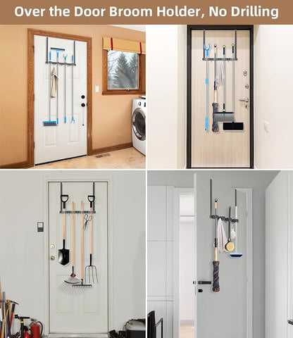 Broom Holder Over The Door-304 Stainless Steel Mop and Broom Holder Wall Mounted or Hanging Over The Door with Hooks - Broom Hanger, Tool Organizer for Garage Closet Laundry Kitchen-Space grey