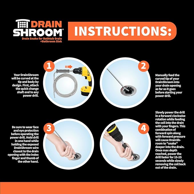 DrainShroom Reusable Sink Snake Clog Remover Tool that Attaches To Any Drill, Bathroom Bathtub Drain Cleaner Auger, Hair Catcher Drain Snake, 36 Inches Long, Stainless Steel, 1 Pack