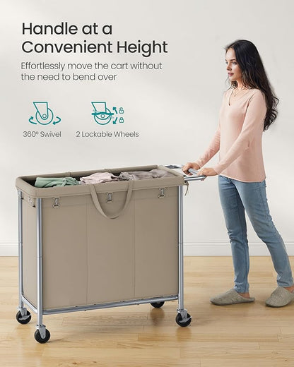 SONGMICS Laundry Basket with Wheels, 3-Section Rolling Laundry Hamper, 52.8 Gallons (200 L), Removable Liner, Steel Frame with Handle, 35.8 x 15.4 x 31.9 Inches, Camel Brown URLS005N01