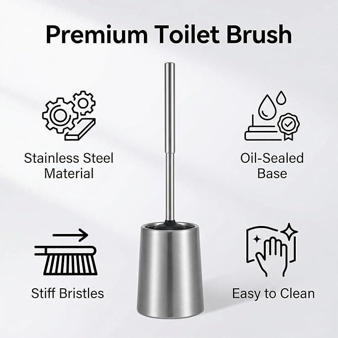 SUS304 Stainless Steel Toilet Brush and Holder Set Toilet Brush Case Cleaner for Toilet Bowl Bathroom Cleaning Brush Caddy Cepillo de Baño Brushed Stainless Silver