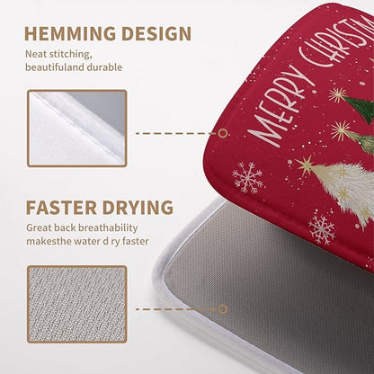 Merry Christmas Dish Drying Mat for Kitchen Counter 16x18 Inch Red Xmas Tree Snowflakes Drying Pad Winter Holiday Absorbent Microfiber Dish Draining Reversible Dish Drainer Rack Mat
