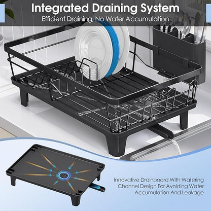 Urackify Compact Dish Drainer for Kitchen Counter - Expandable Large Capacity Drying Rack with Removable Cutlery Holder, Anti-Rust Plate Rack, Non-Slip Feet
