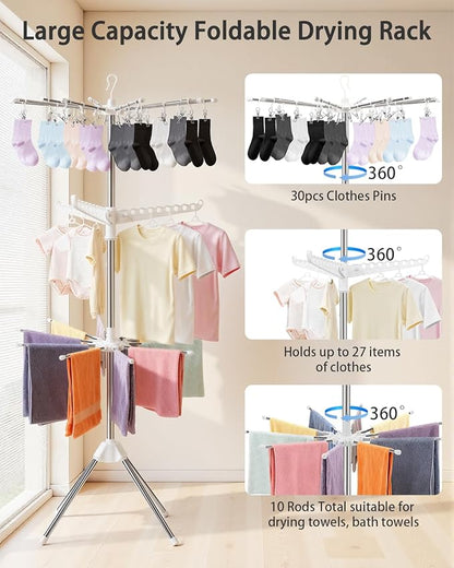 Foldable Clothes Drying Rack - 3 Tier Laundry Drying Rack, Portable Clothing rack with Rotating Clothes Rail with 30 Clips,10 towel sticks and 3 Rotatable Arms, Suitable for Flats and Small Rooms