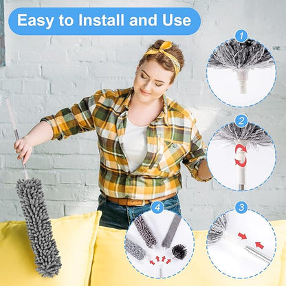 Duster for Cleaning 5-in-1 Kit, 100 Inches Duster with Extension Pole, Extendable Duster, Microfiber Feather Duster, Cobweb Dusters for High Ceilings, Furniture, Blinds, Wall- Grey