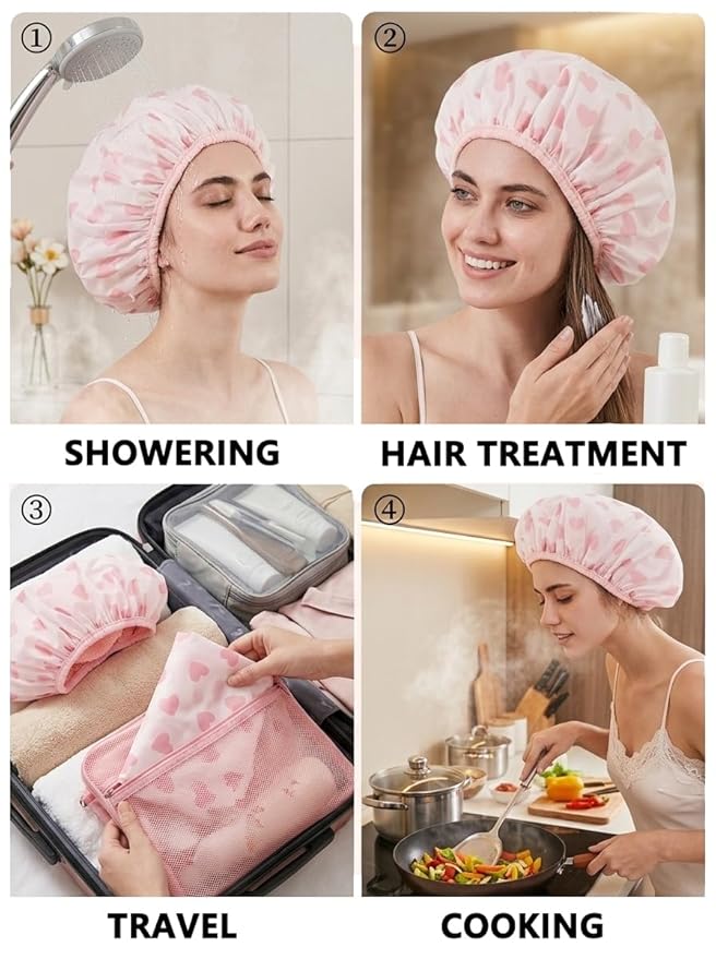 Auban Shower Cap, Shower Cap for Women Terry Cloth Lined EVA Exterior Reusable Double Layer Waterproof, Large Bath Hair Cap, Hotel Travel Essentials Accessories Cleaning Supplies(Pink)