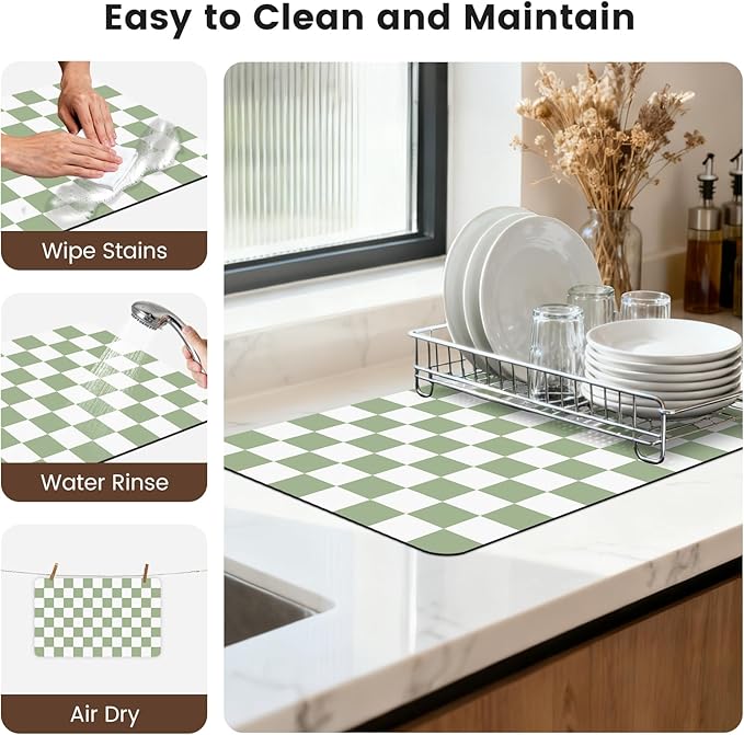 12" x 20" Checkered Dish Drying Mat for Kitchen Counter, Absorbent Coffee Bar Mat for Espresso Machine Coffee Countertops Accessories (Green)
