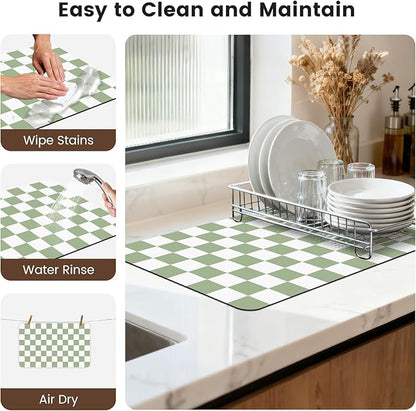 12" x 20" Checkered Dish Drying Mat for Kitchen Counter, Absorbent Coffee Bar Mat for Espresso Machine Coffee Countertops Accessories (Green)