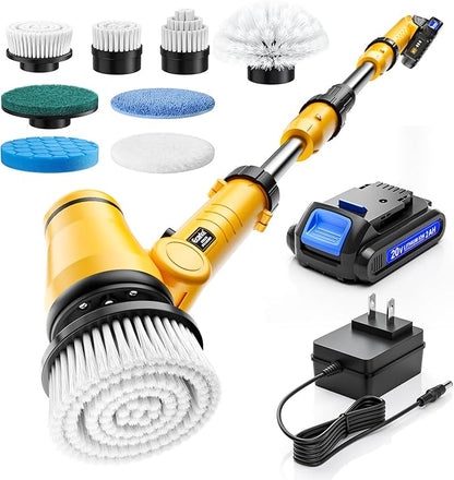 Electric Spin Scrubber Kit with 2.0Ah Battery and Charger, Ecarke 1100RPM Cordless Cleaning Brush 4-Stage Handle, 8 Cleaning Heads for Bathroom/Floor/Tub/Tile, 2 Speeds (680-1100 RPM)