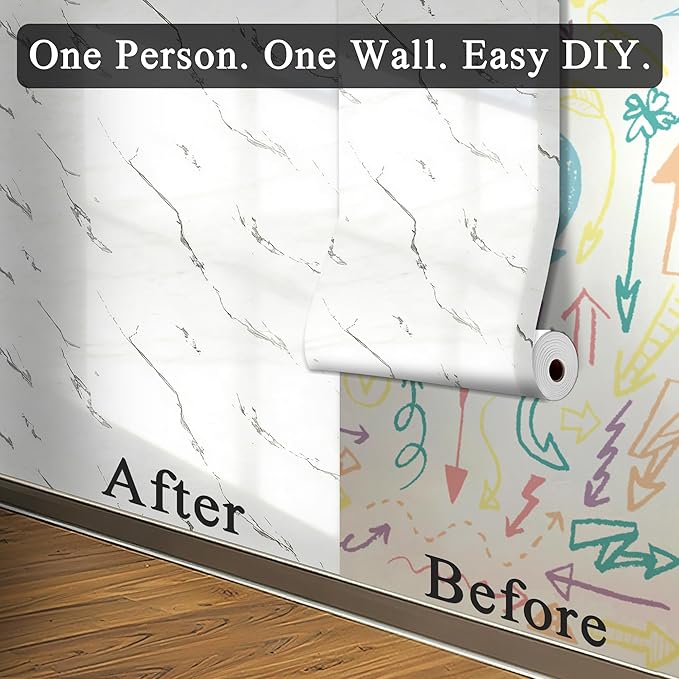 Carrara White Marble Peel and Stick Wallpaper, Glossy Texture Vinyl Wall Panels, Waterproof Renter Friendly, 23.6" x 118", TV Accent Wall, Bathroom, Foyer, Coffee Shop Decor