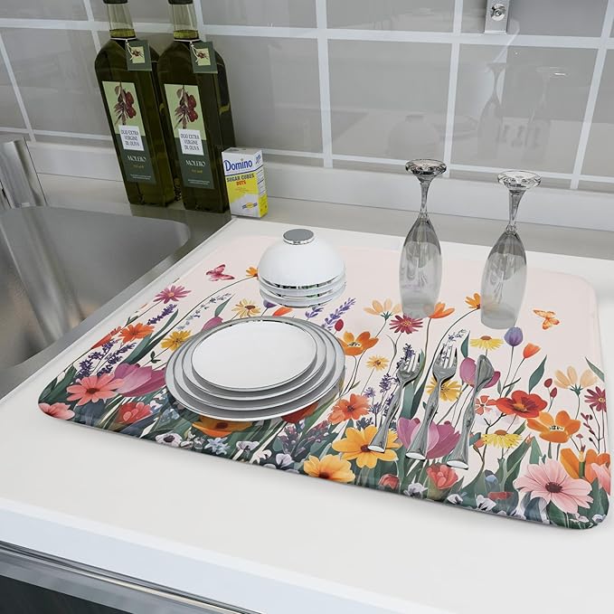Kawani Spring Summer Flowers Dish Drying Mat for Kitchen Counter 18"x24" Colorful Floral Drying Mat Soft Absorbent Microfiber Farmhouse Fluttering Butterfly Dish Drainer Rack Mats for Counter tops