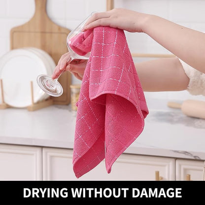 Homaxy 100% Cotton Terry Kitchen Towels(Rose Red, 13 x 28 inches), Checkered Designed, Soft and Super Absorbent Dish Towels, 6 Pack