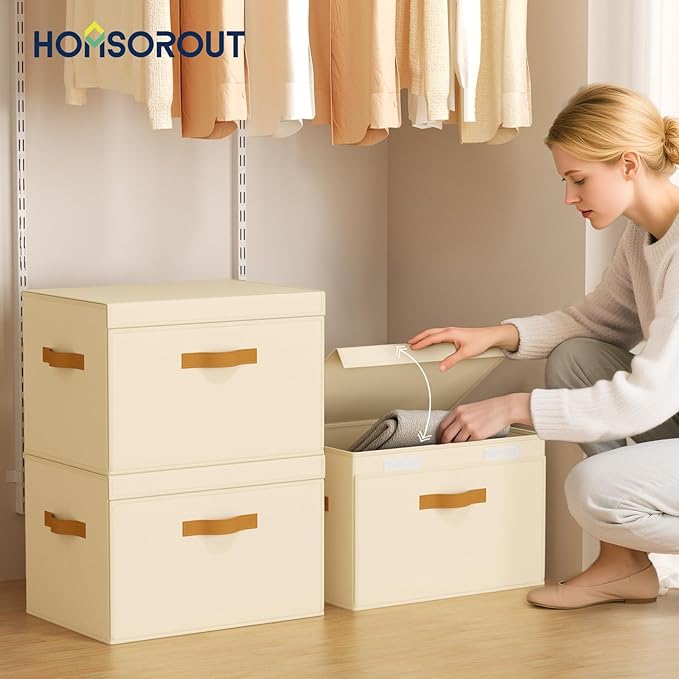 Large Storage Bins with Lids - Front Opening Fabric Storage Bins, Flap Closet Organizer with Handles, Collapsible Boxes with Lid, Decorative Basket for Home, Dorm, 6 Pack, Beige