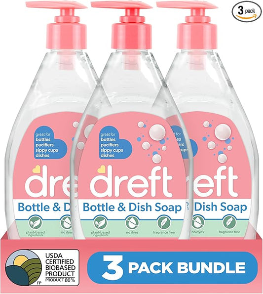 DREFT Bottle and Dish Soap | Made to Clean Baby Bottles, Sippy Cups, Pacifiers, Breast Pumps, & More | Gently Removes Milk Film & Odors | Plant Based, Fragrance Free Dish Soap | 18 Fl Oz (Pack of 3)