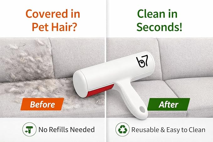 Pet Hair Remover Roller B7 – Reusable, Self-Cleaning Lint Roller for Dogs & Cats – Portable Fur Remover for Couch, Carpet, Car – White