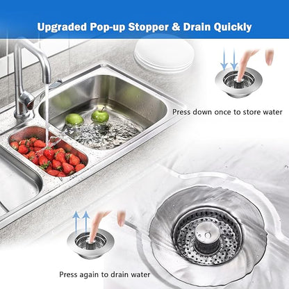Upgraded 3 in 1 Kitchen Sink Drain Strainer,Anti-Clogging Sink Food Catcher Basket, Stainless Steel Pop-Up Kitchen Sink Stopper for US Standard 3-1/2 inch Kitchen Sink (Silver-1Pack)