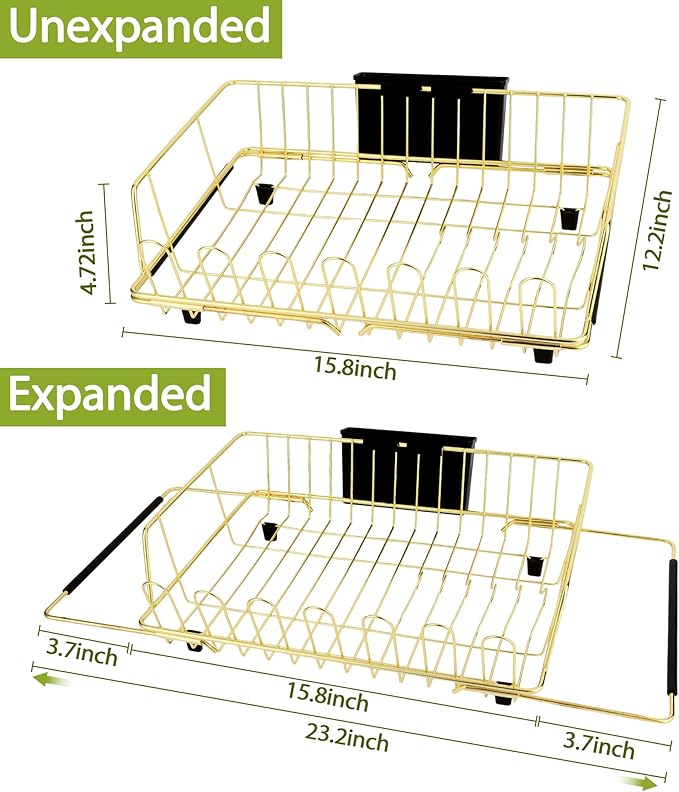 Golden Expandable Dish Drying Rack-Extra Large Stainless Steel Dish Drainer Over The Sink for Kitchen Countertop with Utensil Holder, Applicable for Sink Width 16'-22' (Gold,23.2'*12.2')