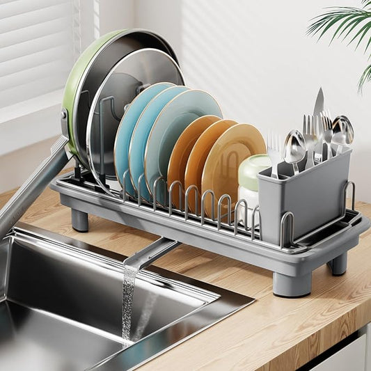 Laveshop Small Dish Drying Rack, Compact Dish Drainer for Kitchen Counter, with Adjustable Back Slots, Space-Saving for Small Kitchens, Gray