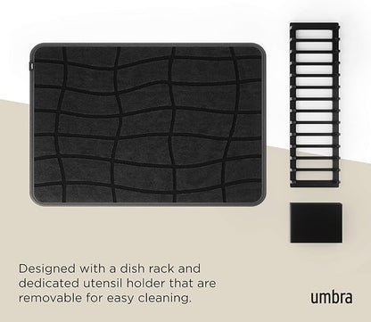 Umbra UDry Dish Drying Rack with Mat – Kitchen Countertop Dish Drainer & Absorbent Microfiber Drying Mat, Foldable Dish Rack Organizer for Plates, Cups & Utensils, Black