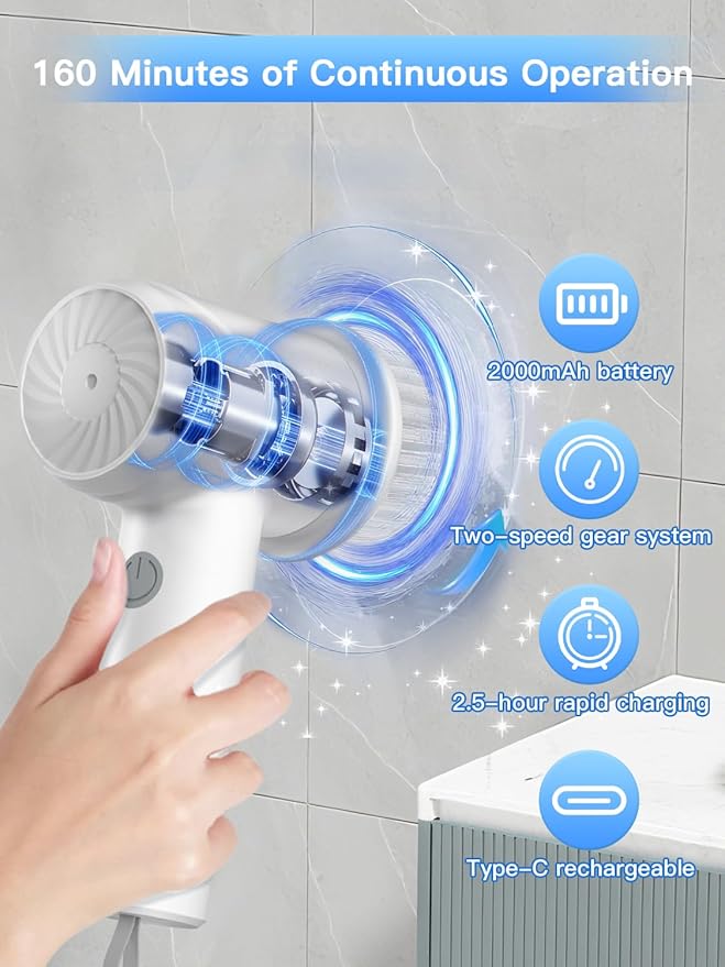 Electric Spin Scrubber - Cordless IPX7 Waterproof Shower Scrubber with 2 Speed Settings and 6 Replaceable Heads，Electric Cleaning Brush for Bathroom，Kitchen and Windows