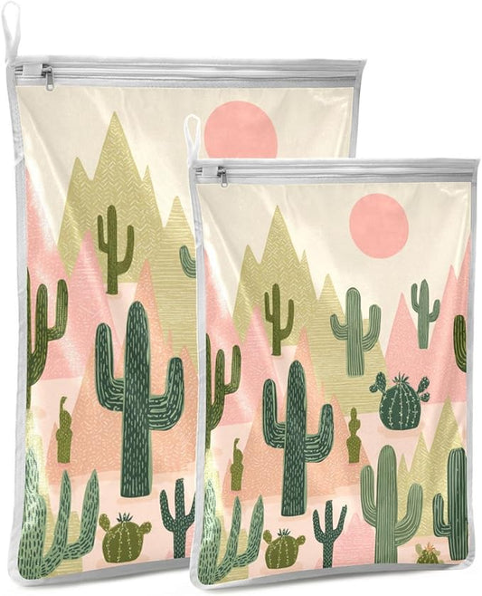 Mesh Laundry Bags Lingerie Bags for Washing Delicates 2 PCS Durable Wash Bag with Zipper Small and Medium Washable Boho Cacti Mountains Sun