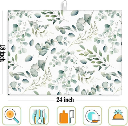Dish Drying Mat for Kitchen Counter Microfiber Absorbent Dish Draining Reusable Washable Extra Large 18"x24" (Sage Leaves, 18x24in)