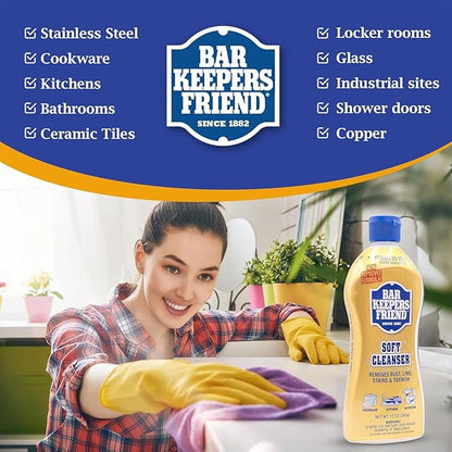 Bar Keepers Friend Cleanser 26oz Liquid (1 Bottle & 2 Towels) – Soft Liquid Cleaner Bundled with Premium Microfiber Towel– Liquid Stainless Steel cleaner for Pots, Pans, Cooktop, kitchen & Glassware