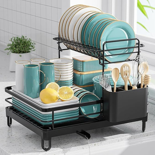 Dish Drying Rack,2-Tier Rustproof Steel Kitchen Organizer with Drainboard & Utensil Holder, Large Capacity Dish Drainer Organizer for Bowls/Cups/Bottles (MS-A-356-1)