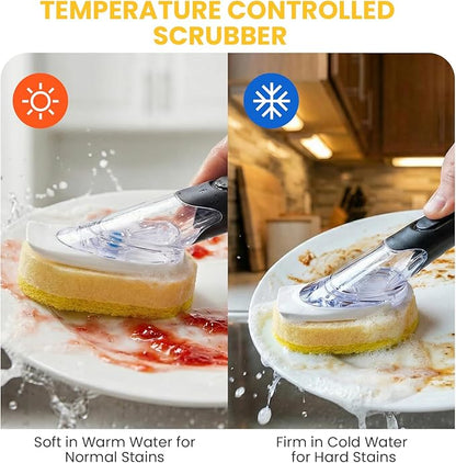 Soap Dispensing Replacement Dish Brush Storage Set with 10 PCS Sponge Refills & Holder - RIMAY Dispenser Scrub Cleaning Scrubber Kitchen Dishwashing Dish Wand Handle for Dishes/Pans/Pots/Sink(Yellow)