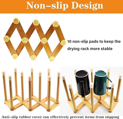 Bamboo Retractable Bottle Drying Rack Cup Dish Drying Racks,Sports Water Bottle and Mug Drainer Stand, Plastic Bag Dryer Rack and Multifunctional Drying Rack for Kitchen Countertop
