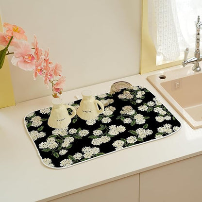 Black Dish Drying Mat 18x24 Inch Green Vintage Floral Hydrangea Flower Drying Mat Spring Summer Seasonal Absorbent Dish Drying Pad Dish Rack Drainer Mats for Kitchen Dining Counter