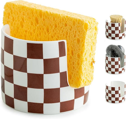 Checkered Sponge Holder for Kitchen Sink, Ceramic Dish Sponge Drying Caddy Scrubby Holder Kitchen Organizer Cute Dish Rack for Sink Counter, Brown and White