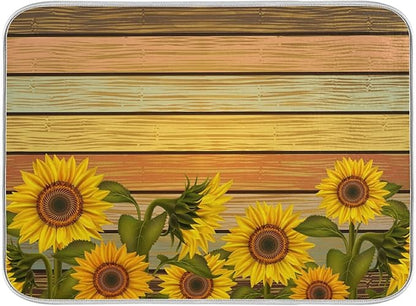 Super Absorbent Dish Drying Mat, Microfiber Fast-Drying Dish Mat, 24" x 18", Kitchen Dish Drying Pad, Sunflower On Wooden Board Vintage