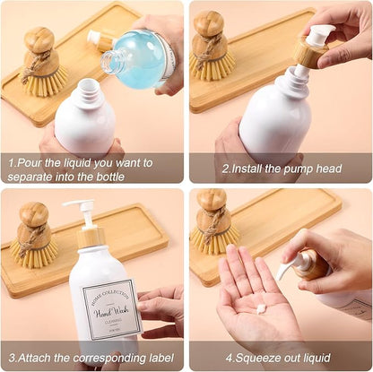 4 Pieces Kitchen Soap Dispenser Set 16 oz Dish Soap Dispenser with Bamboo Pump Soap Tray and Dish Brush Bathroom Soap Dispenser Set with Waterproof Labels for Hand Soap Dish Lotion (White)