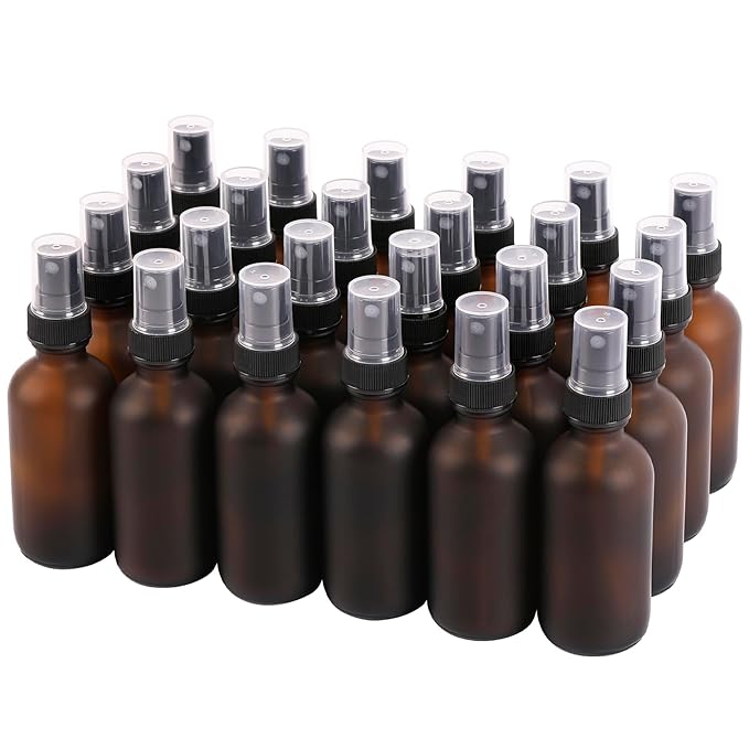 NOOEEISS Amber Glass Small Spray Bottles 2 oz 24 Packs,Fine Mist Sprayer Pretty Finish,Refillable Containers mini spray bottles for Cleaning Solutions and Skin Care (Amber Frosted 24Pack)