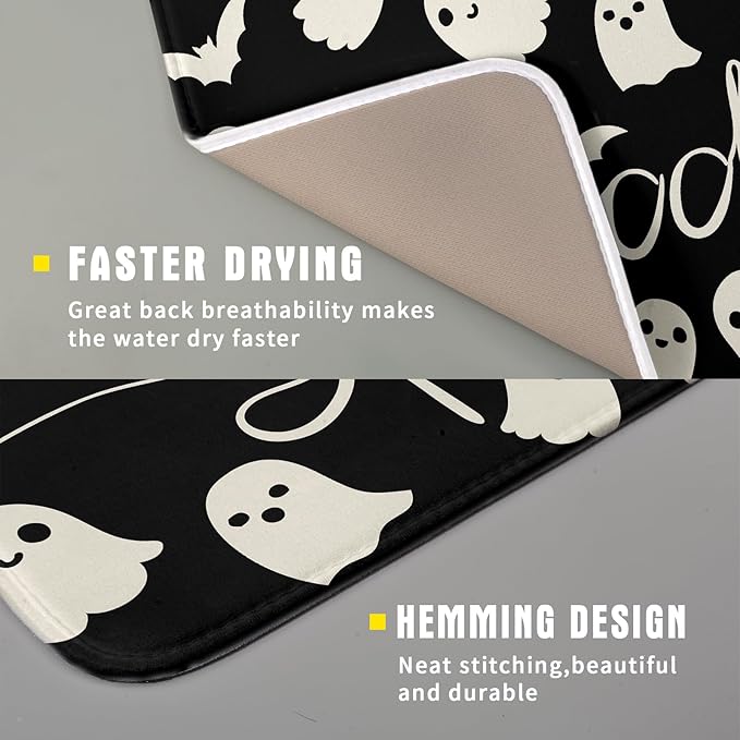 Halloween Dish Drying Mat for Kitchen Counter 16x18 Cute Ghost Black Spooky Holiday Scary Theme Absorbent Reversible Microfiber Drying Mats Kitchen Countertop Protector Dishes Drainer Pad