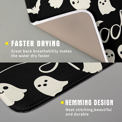 Halloween Dish Drying Mat for Kitchen Counter 16x18 Cute Ghost Black Spooky Holiday Scary Theme Absorbent Reversible Microfiber Drying Mats Kitchen Countertop Protector Dishes Drainer Pad