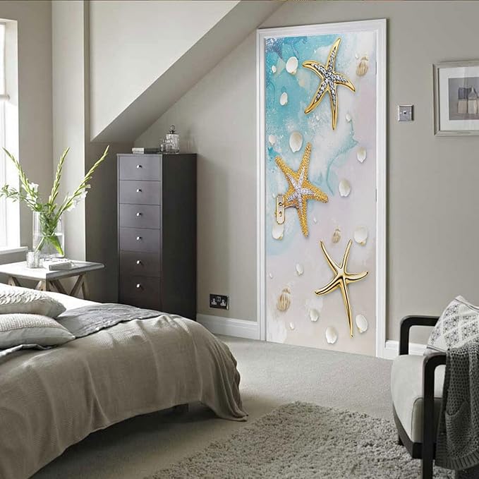 A.Monamour 3D Door Stickers for Interior Doors Nautical Pattern with Starfish Shells on Sandy Beach Vinyl Waterproof Self Adhesive Door Mural Decals for Bedroom Office Bathroom 85x215cm