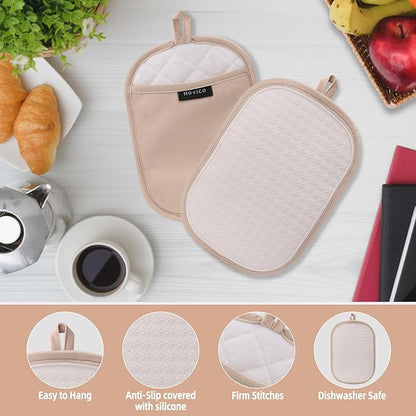Hovico 2PCS Silicone Pot Holders, Oven Mitts Heat Resistant Hot Pads with Pockets, Non Slip Pot Holder for Kitchen Baking and Cooking| 9.8 x 7 Inches | Towel Cloth Interior Lining - Milkshake