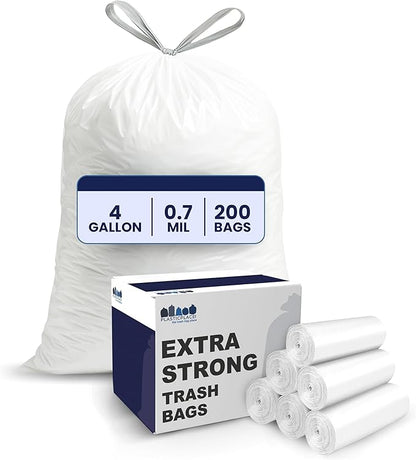 Plasticplace 4 Gallon White Drawstring Trash Bags, 200 Count (Pack of 1) – 0.7 Mil Leak-Proof Garbage Liners for Small Trash Can, Bathroom, Kitchen, Office, and Car Use