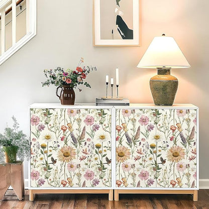 Livebor Floral Peel and Stick Wallpaper Floral Bird Contact Paper 16.9inch x 196.8inch Vintage Flower Wallpaper Peel and Stick Self Adhesive Flower Contact Paper Botanical Decor for Bathroom Vinyl