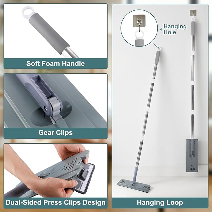 Flat Mop with 3 Pads, Microfiber Mops for Floor Cleaning Adjustable Handle 29-49, Dust Mop for Hardwood Floors, Wet Dry Use on Laminate Wood Tile Vinyl Wall Mopping Bathroom Kitchen Household Supplies